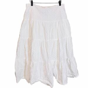 Vintage LRL Lauren Jeans Co White Eyelet Tiered Midi Skirt boho Cottagecore 12